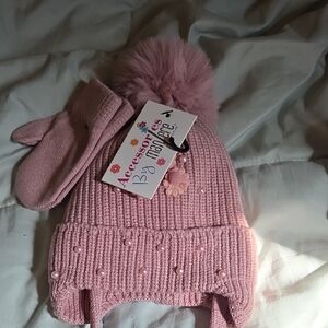 Pink Knit Hat and Mittens Set